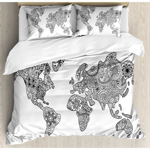  Ambesonne Earth Floral Pattern As World Map Continents Authentic Stylized Modern Design Duvet Cover Set