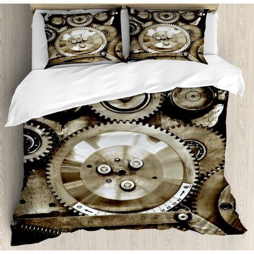  Ambesonne Industrial Pieces of Old Mechanism Close Up Gears View Grunge Antique Cogs Technical Image Duvet Cover Set