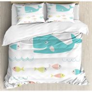 Ambesonne Whale Smiling Cartoon with Scholar of Tiny Fish Artwork Duvet Cover Set