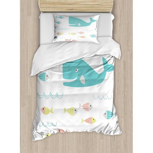  Ambesonne Whale Smiling Cartoon with Scholar of Tiny Fish Artwork Duvet Cover Set