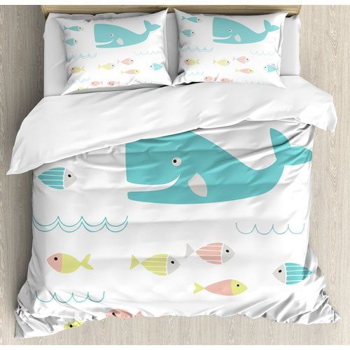  Ambesonne Whale Smiling Cartoon with Scholar of Tiny Fish Artwork Duvet Cover Set