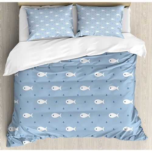  Ambesonne Underwater Aquatic Life Baby Fish and Little Symmetric Anchor Figures Design Duvet Cover Set