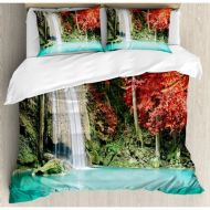 Ambesonne Waterfall in Corner of the Deep Forest with Fair Fall Oak Trees Duvet Cover Set