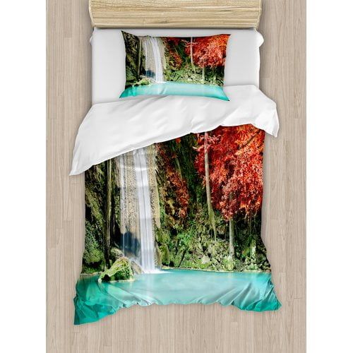  Ambesonne Waterfall in Corner of the Deep Forest with Fair Fall Oak Trees Duvet Cover Set