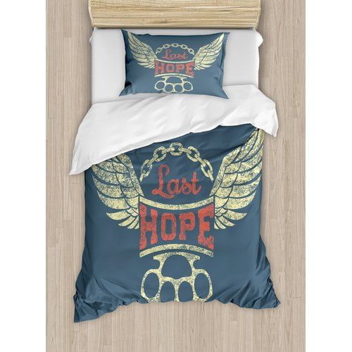  Ambesonne Vintage Grunge Label Wings Chain Brass Knuckles Last Hope Quote for Bikers Duvet Cover Set