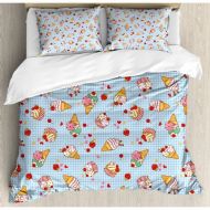 Ambesonne Ice Cream Sweet Cherries on Checkered Tartan Motif with Hearts Love Valentines Print Duvet Cover Set