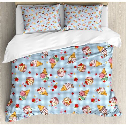  Ambesonne Ice Cream Sweet Cherries on Checkered Tartan Motif with Hearts Love Valentines Print Duvet Cover Set