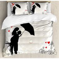 Ambesonne Wedding Decorations Couple in Love Umbrella Red Hearts Daisies Romance in the Air Duvet Cover Set