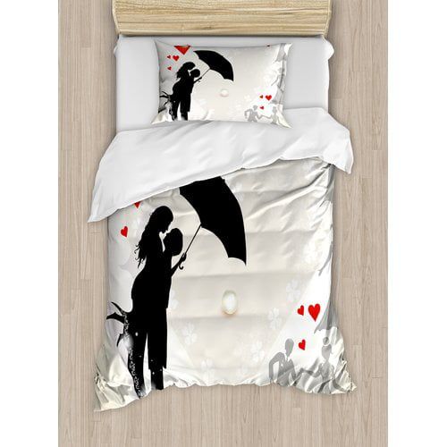  Ambesonne Wedding Decorations Couple in Love Umbrella Red Hearts Daisies Romance in the Air Duvet Cover Set