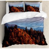 Ambesonne National Parks Home Sunrise at Mountains Pine Trees Covered on Hill Mist South Carolina Duvet Cover Set