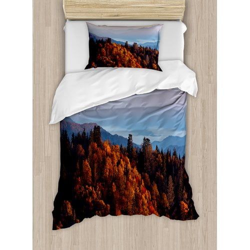  Ambesonne National Parks Home Sunrise at Mountains Pine Trees Covered on Hill Mist South Carolina Duvet Cover Set