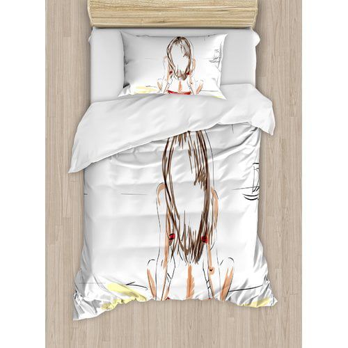  Ambesonne Fashion House Sketch of a Beautiful on Beach Summer Holiday on Sand Sunbathing Duvet Cover Set