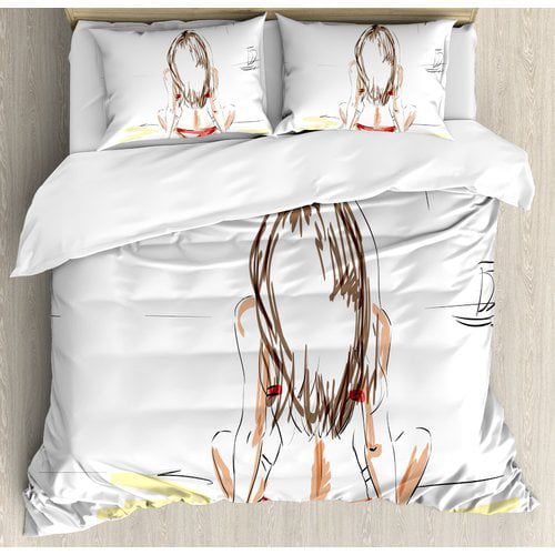  Ambesonne Fashion House Sketch of a Beautiful on Beach Summer Holiday on Sand Sunbathing Duvet Cover Set