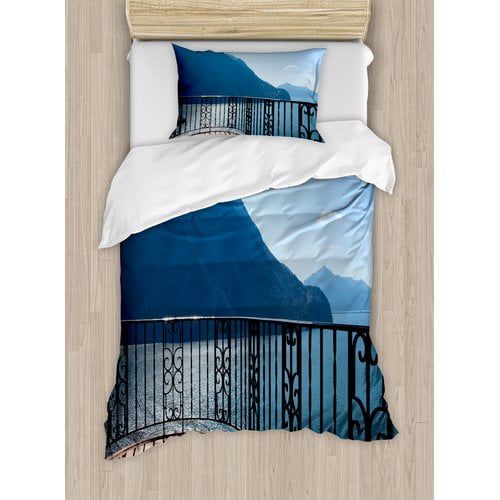  Ambesonne Modern Mediterranean Italian Decor Island Mountain View with Ocean Open Sunny Sky Photo Duvet Cover Set