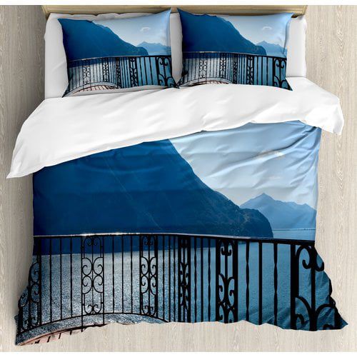  Ambesonne Modern Mediterranean Italian Decor Island Mountain View with Ocean Open Sunny Sky Photo Duvet Cover Set