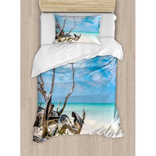  Ambesonne Driftwood Seascape Theme Branches on Sandy Beach of Cuba and the Sky Image Duvet Cover Set