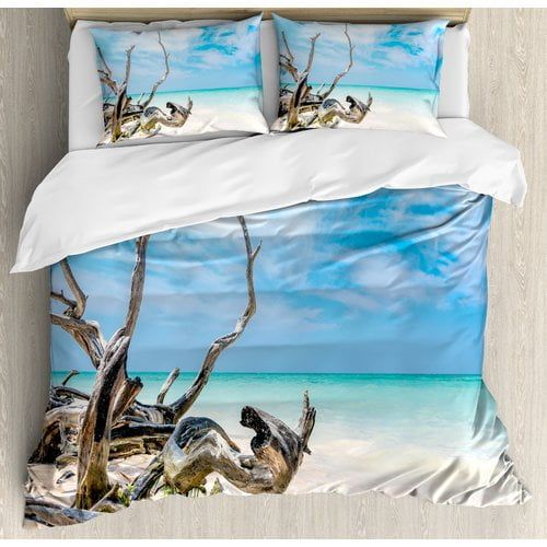  Ambesonne Driftwood Seascape Theme Branches on Sandy Beach of Cuba and the Sky Image Duvet Cover Set