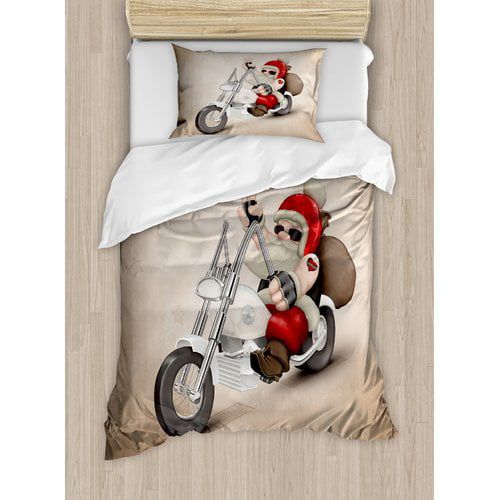  Ambesonne Christmas Rock Grunge Santa with Heart Tattoo on Motorbike Delivery Bikie Peace Duvet Cover Set