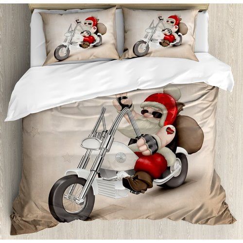  Ambesonne Christmas Rock Grunge Santa with Heart Tattoo on Motorbike Delivery Bikie Peace Duvet Cover Set