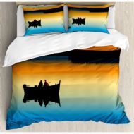 Ambesonne Fishing Buddies on Tranquil Still Lake at Epic Sunset Fish Friends Home Decor Duvet Cover Set