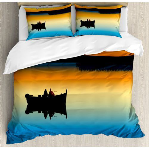  Ambesonne Fishing Buddies on Tranquil Still Lake at Epic Sunset Fish Friends Home Decor Duvet Cover Set