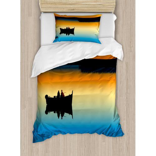  Ambesonne Fishing Buddies on Tranquil Still Lake at Epic Sunset Fish Friends Home Decor Duvet Cover Set