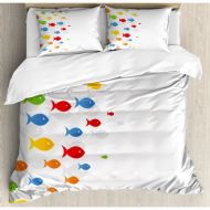 Ambesonne Ocean Animal Types of Colored Fishes Floats on Gray Background Cute Sea Mammals Pattern Duvet Cover Set