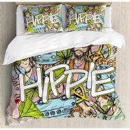 Ambesonne Modern Hippie Life with Man and Woman Peace Symbol No War Liberal Boho Sketch Illustration Duvet Cover Set