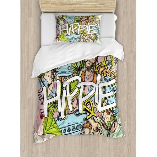 Ambesonne Modern Hippie Life with Man and Woman Peace Symbol No War Liberal Boho Sketch Illustration Duvet Cover Set