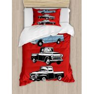 Ambesonne Truck Twin Size Duvet Cover Set, Vintage Pickup Vehicle Designs on Abstract Ruby Background Inner City Transport, Decorative 2 Piece Bedding Set with 1 Pillow Sham, Ruby Blue White