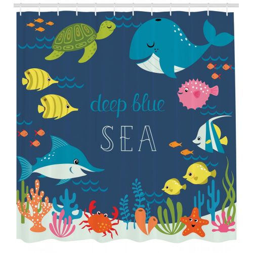  Ambesonne Cartoon Decor Shower Curtain Set, Artsy Underwater Graphic With Algaes Coral Reefs Turtles Sword Fishes The Life Aquatic Motion, Bathroom Accessories, 69W X 70L Inches, By Ambesonn
