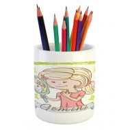 Ambesonne Zodiac Gemini Pencil Pen Holder, Cartoon Little Girl with a Mirror and Reflection Twins Concept Composition, Printed Ceramic Pencil Pen Holder for Desk Office Accessory,