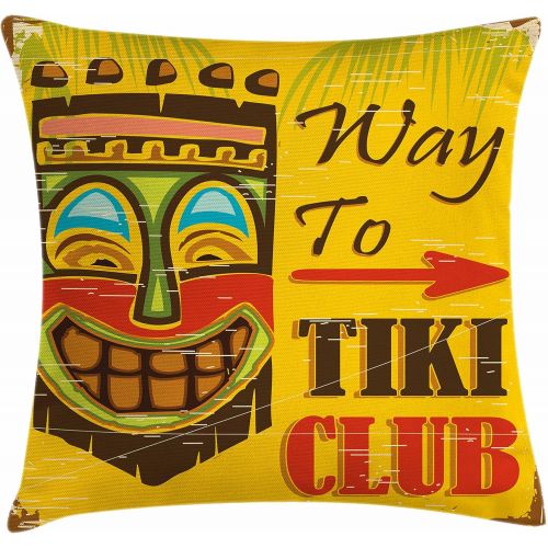  Ambesonne Tiki Bar Throw Pillow Cushion Cover, Way to Tiki Club Vintage Poster Design Retro Grunge Polynesian Exotic Retro Print, Decorative Square Accent Pillow Case, 18 X 18, Ear