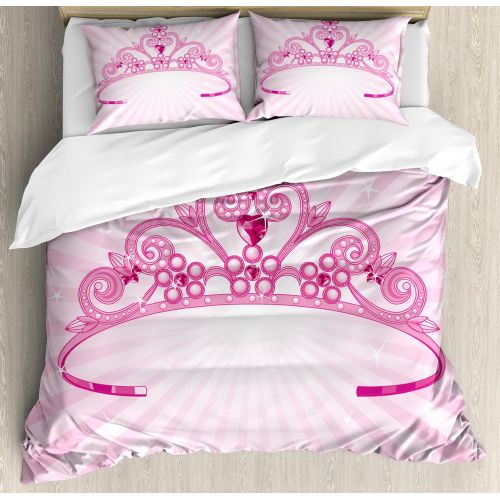  Ambesonne Kids Duvet Cover Set Queen Size, Beautiful Pink Fairy Princess Costume Print Crown with Diamond Image Art, Decorative 3 Piece Bedding Set with 2 Pillow Shams