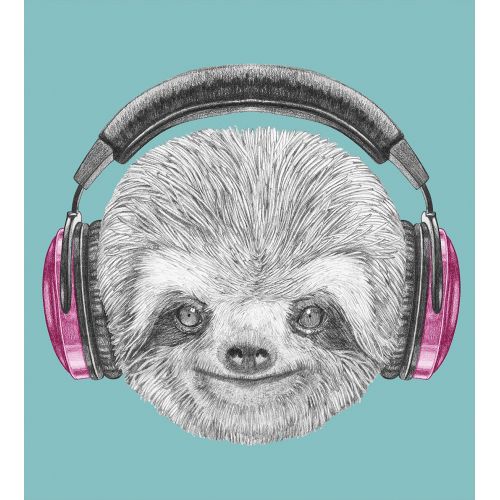  Ambesonne Sloth Duvet Cover Set, DJ Sloth Portrait with Headphones Funny Modern Character Cool Smiling, Decorative 3 Piece Bedding Set with 2 Pillow Shams, Queen Size, Teal Grey