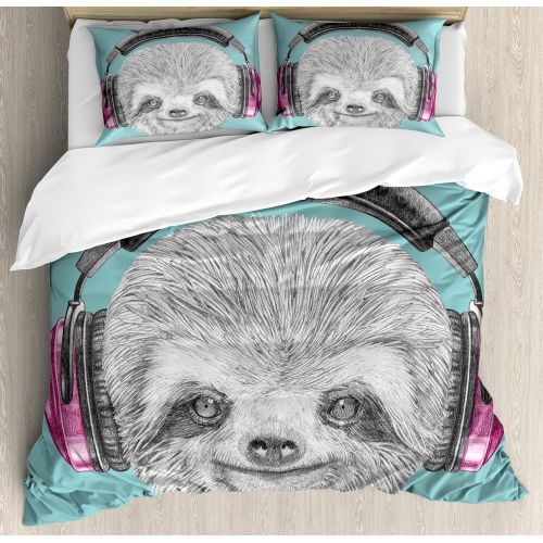  Ambesonne Sloth Duvet Cover Set, DJ Sloth Portrait with Headphones Funny Modern Character Cool Smiling, Decorative 3 Piece Bedding Set with 2 Pillow Shams, Queen Size, Teal Grey