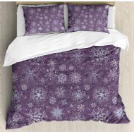 Ambesonne Eggplant Duvet Cover Set, Christmas Inspired Flowers Snowflakes and Swirls in a Violet Delicate Environment, Decorative 3 Piece Bedding Set with 2 Pillow Shams, Queen Siz