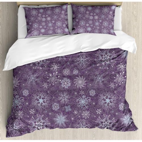  Ambesonne Eggplant Duvet Cover Set, Christmas Inspired Flowers Snowflakes and Swirls in a Violet Delicate Environment, Decorative 3 Piece Bedding Set with 2 Pillow Shams, Queen Siz