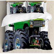 Ambesonne Cars Duvet Cover Set, Giant Monster Pickup Truck with Large Tires and Suspension Extreme Biggest Wheel Print, Decorative 3 Piece Bedding Set with 2 Pillow Shams, Queen Si