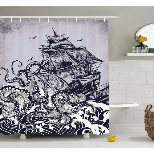  Ambesonne Nautical Shower Curtain, Kraken Octopus Tentacles with Ship Sail Old Boat in Ocean Waves, Cloth Fabric Bathroom Decor Set with Hooks, 70 Long, Blue
