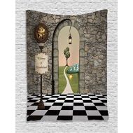 Ambesonne Alice in Wonderland Tapestry, Welcome Wonderland Black and White Floor Landscape Mushroom Lantern, Wall Hanging for Bedroom Living Room Dorm, 60 X 80, Black Green