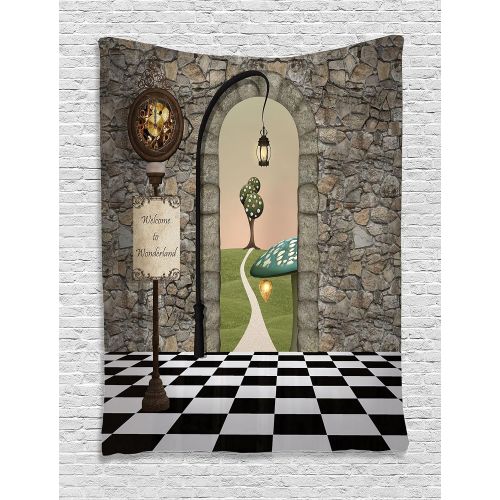  Ambesonne Alice in Wonderland Tapestry, Welcome Wonderland Black and White Floor Landscape Mushroom Lantern, Wall Hanging for Bedroom Living Room Dorm, 60 X 80, Black Green