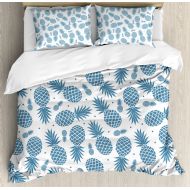 Ambesonne Pineapple Duvet Cover Set, Island Themed Minimalistic Multi-Sized Tropic Fruity Pineapple Printed Vintage, 3 Piece Bedding Set with Pillow Shams, Queen/Full, Blue White