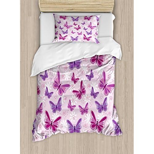  [아마존베스트]Ambesonne Butterfly Duvet Cover Set, Various Flying Butterflies with Fairy Colors Hippie Style Print Design, Decorative 2 Piece Bedding Set with 1 Pillow Sham, Twin Size, Purple Pi