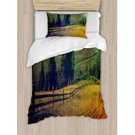 [아마존베스트]Ambesonne Nature Duvet Cover Set, Mountain Valley with Fir Tree Flower Field Fences Rural Panorama, Decorative 2 Piece Bedding Set with 1 Pillow Sham, Twin Size, Forest Green