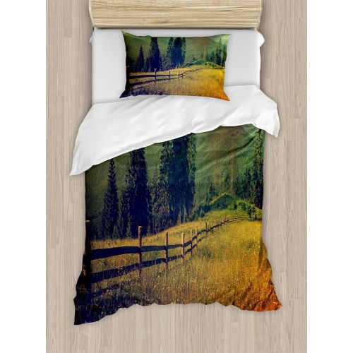  [아마존베스트]Ambesonne Nature Duvet Cover Set, Mountain Valley with Fir Tree Flower Field Fences Rural Panorama, Decorative 2 Piece Bedding Set with 1 Pillow Sham, Twin Size, Forest Green