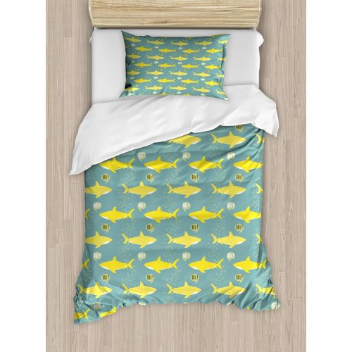  [아마존베스트]Ambesonne Shark Duvet Cover Set, Yellow Silhouettes Saying Hi Fish with Friendly Representation, Decorative 2 Piece Bedding Set with 1 Pillow Sham, Twin Size, Green Yellow