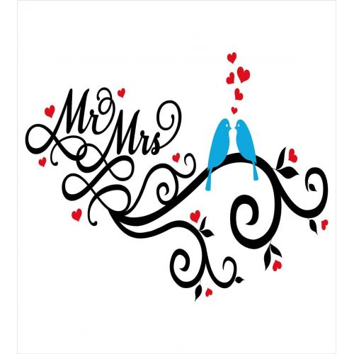  [아마존베스트]Ambesonne Wedding Duvet Cover Set, Mr. and Mrs. Swirled Branches with Red Hearts and 2 Love Birds Happiness, Decorative 2 Piece Bedding Set with 1 Pillow Sham, Twin Size, Blue Red