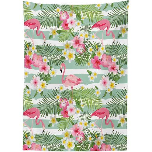  Ambesonne Flamingo Tablecloth, Flamingos with Exotic Hawaiian Leaves Flowers on Striped Vintage Background, Dining Room Kitchen Rectangular Table Cover, 52 X 70, Green Pink