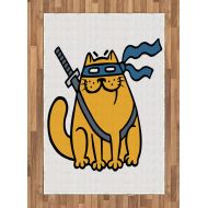 Ambesonne Ninja Cat Area Rug, Cartoon Pet with Blindfold on Plain Backdrop, Flat Woven Accent Rug for Living Room Bedroom Dining Room, 4 X 5 7, Marigold Slate Blue Sea Blue Charcoa